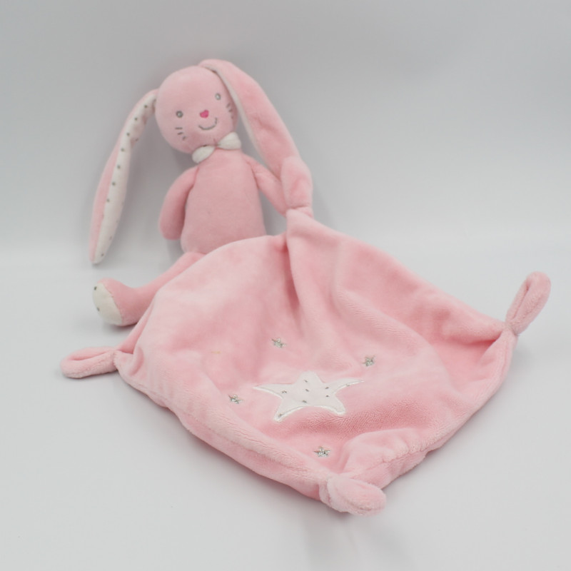 Doudou lapin rose blanc étoiles mouchoir TEX BABY