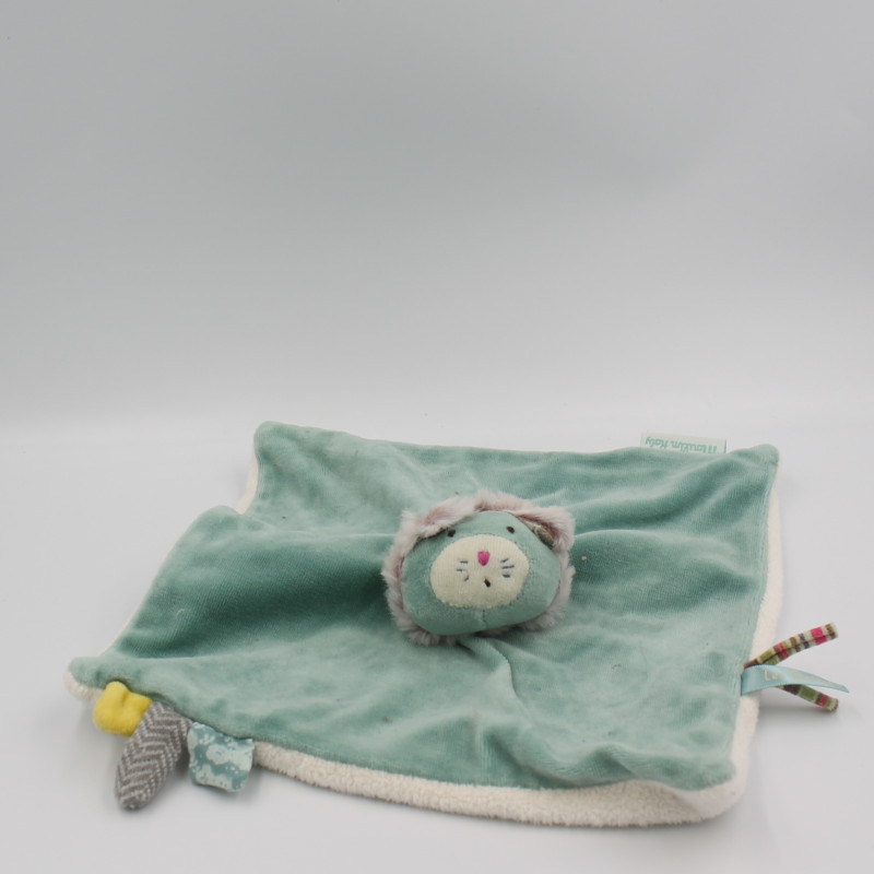 Doudou plat carré chat vert blanc gris les Pachats MOULIN ROTY