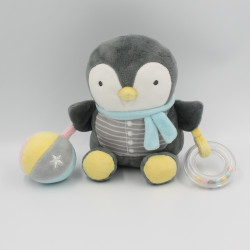 Doudou pingouin gris blanc bleu jaune hochet MOTS D'ENFANTS
