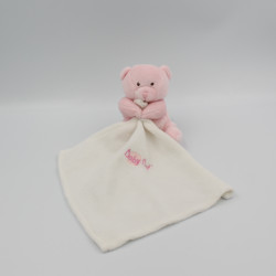 Doudou plat ours rose mouchoir blanc