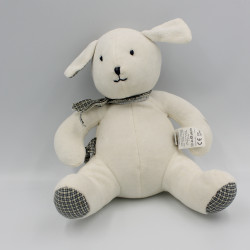 Doudou musical chien blanc carreaux beige bleu foulard DPAM