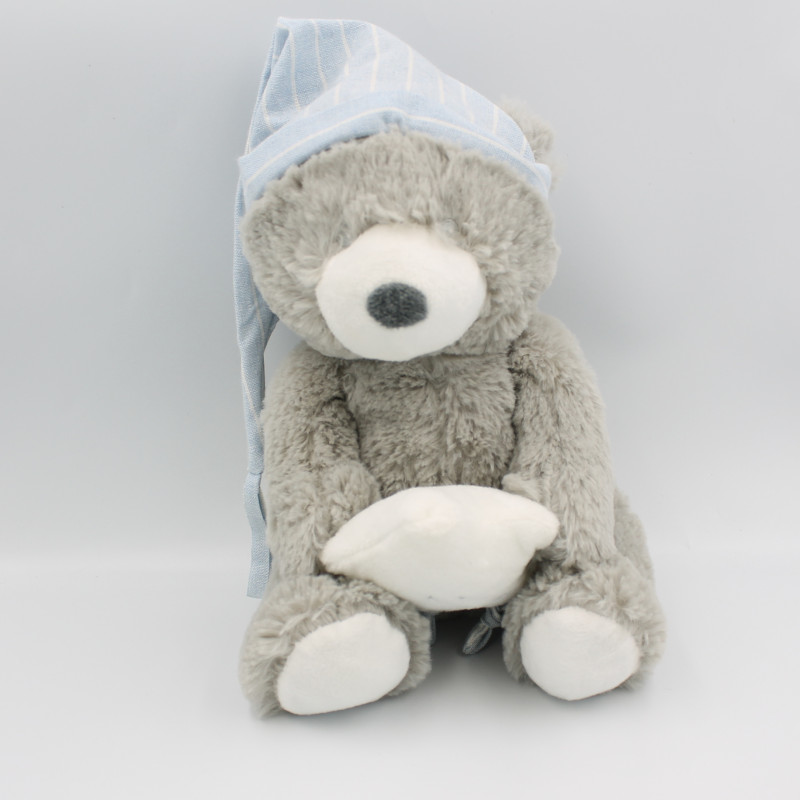 Doudou peluche ours gris bonnet bleu ATMOSPHERA