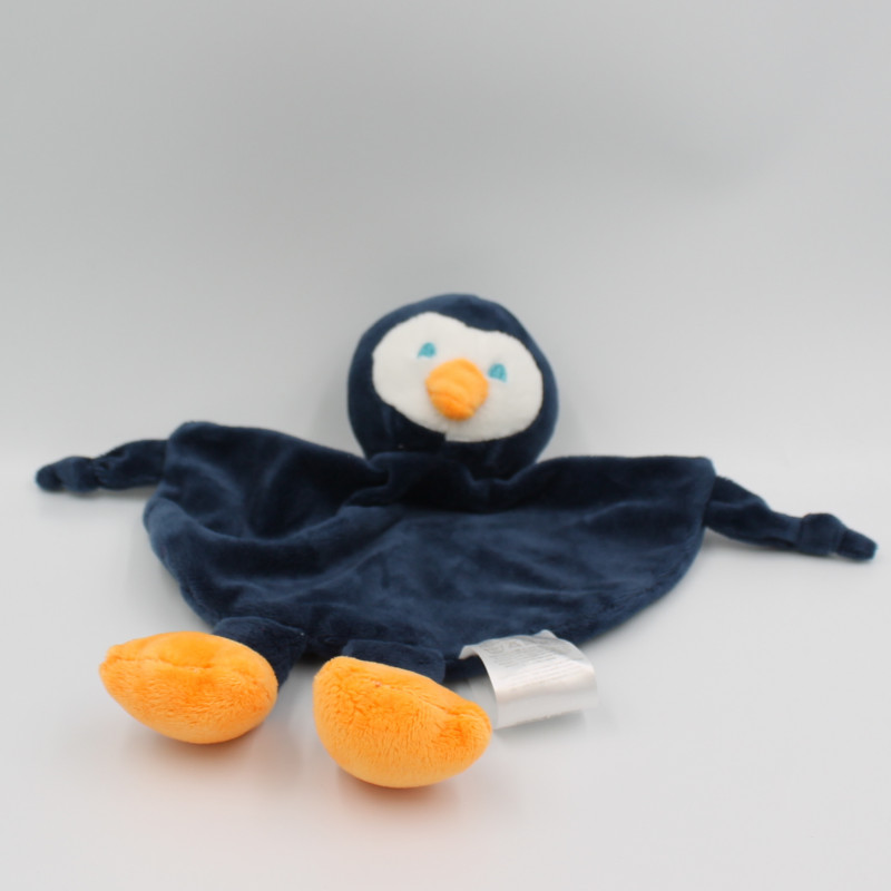 Doudou plat oiseau pingouin bleu blanc TOM & KIDDY TOMKIDS