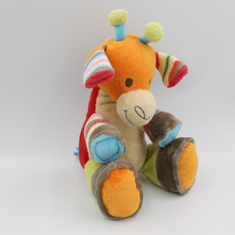 Doudou girafe rouge orange vert beige gris HAPPY HORSE