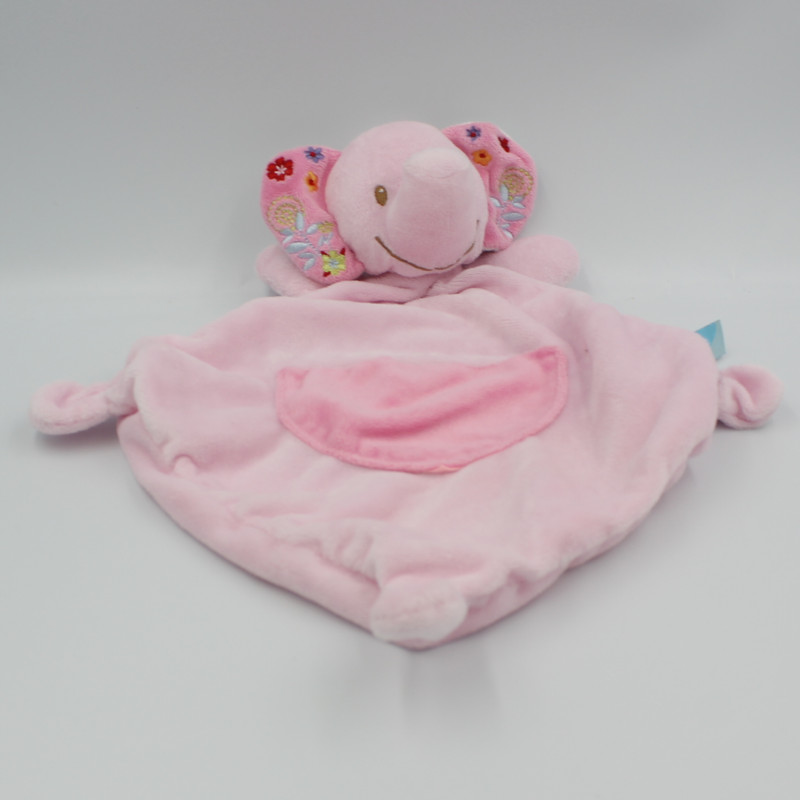 Doudou plat éléphant rose fleurs BEBEREVE