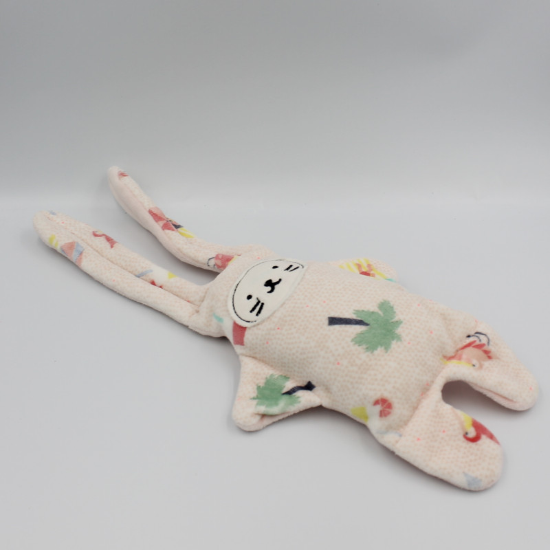Doudou plat lapin blanc rose plage palmier Double face CATIMINI