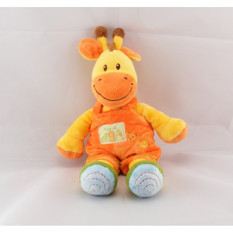 Doudou girafe jaune salopette orange Ma ptite tribu  