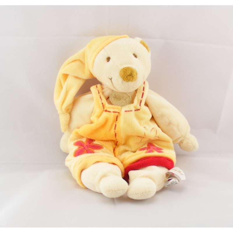 Doudou ours blanc salopette jaune fleur rouge BABY NAT