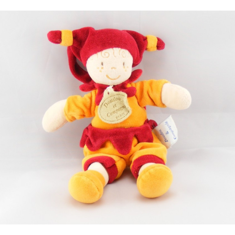 Doudou et compagnie lutin arlequin orange rouge 