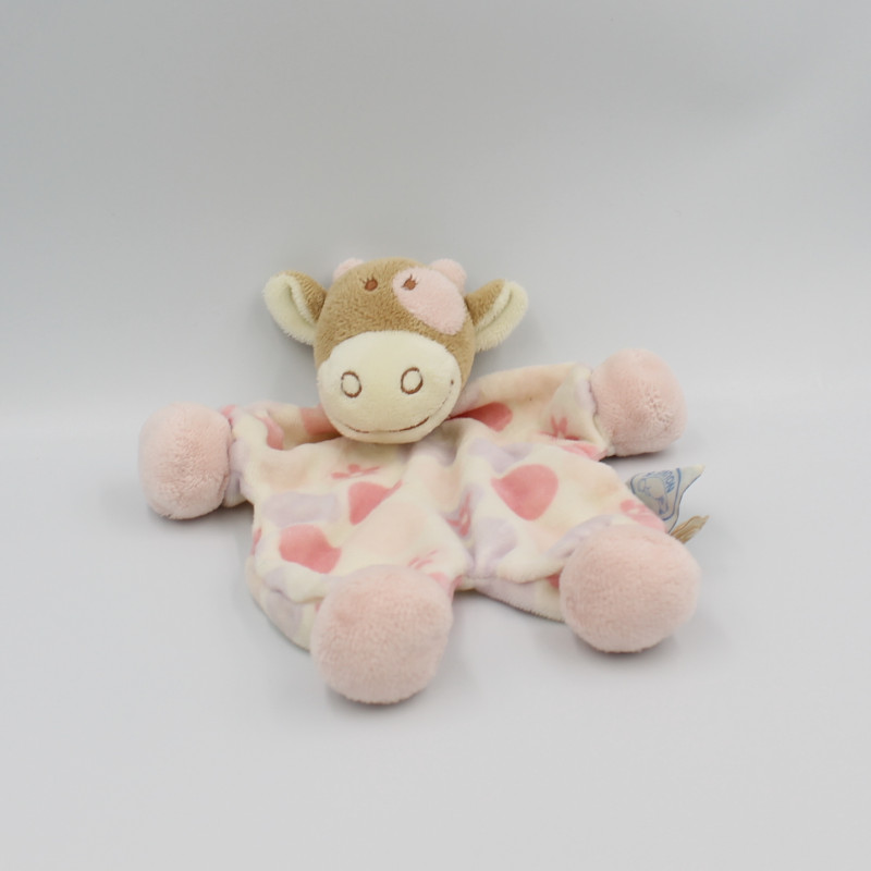 Doudou plat vache rose blanc rosalie lola fleurs NOUKIE'S