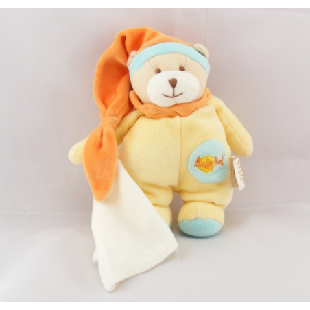 Doudou ours jaune bonnet orange avec mouchoir BABY NAT