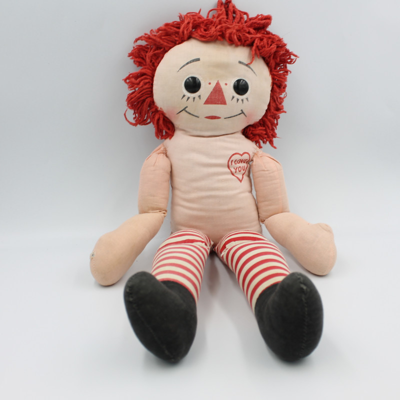 Ancienne peluche poupée chiffon clown rose rouge i love you