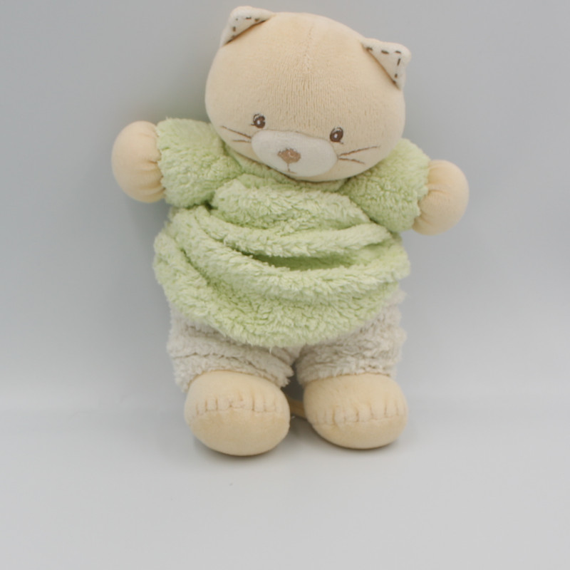 Doudou chat plume beige vert blanc KALOO