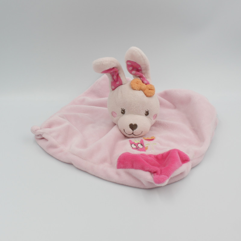 Doudou plat carré lapin rose orange à pois hibou TEX