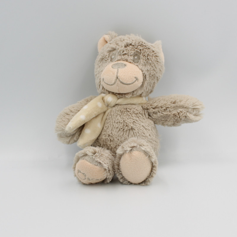Doudou peluche ours gris beige foulard pois Oscar J-LINE