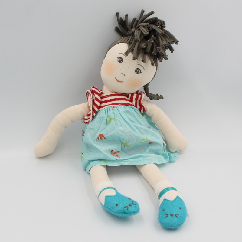 Peluche poupée chiffon robe bleu plume MOULIN ROTY