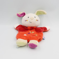 Doudou plat marionnette lapin blanc orange rouge SUCRE D'ORGE