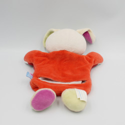 Doudou plat marionnette lapin blanc orange rouge SUCRE D'ORGE