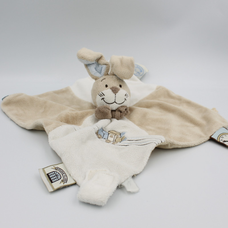 Doudou plat lapin beige bleu blanc train Oscar NOUKIE'S