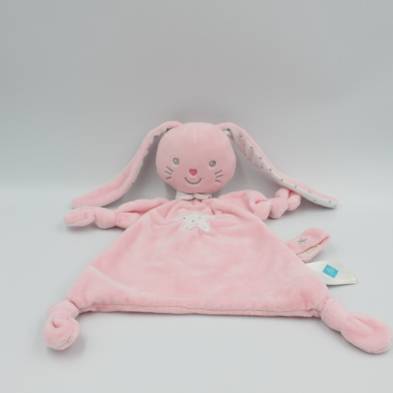 Doudou plat lapin rose blanc étoiles TEX BABY