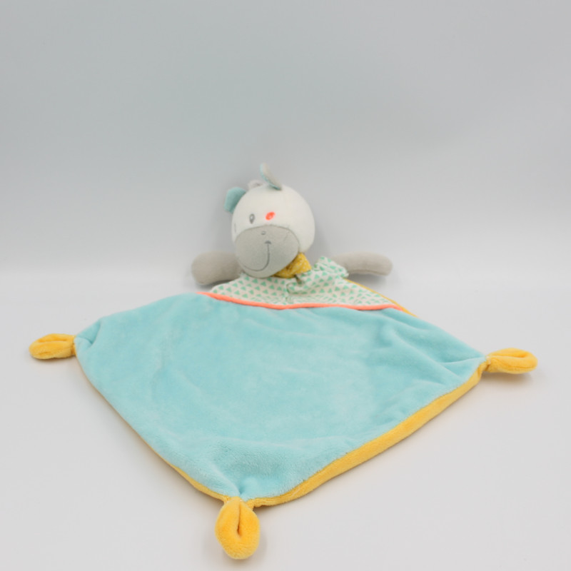 Doudou plat ane cheval zébre bleu jaune gris blanc MOTS D'ENFANTS