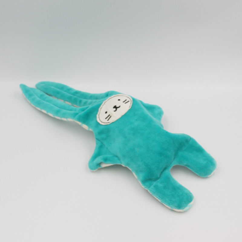 Doudou plat lapin bleu blanc rayé double face CATIMINI