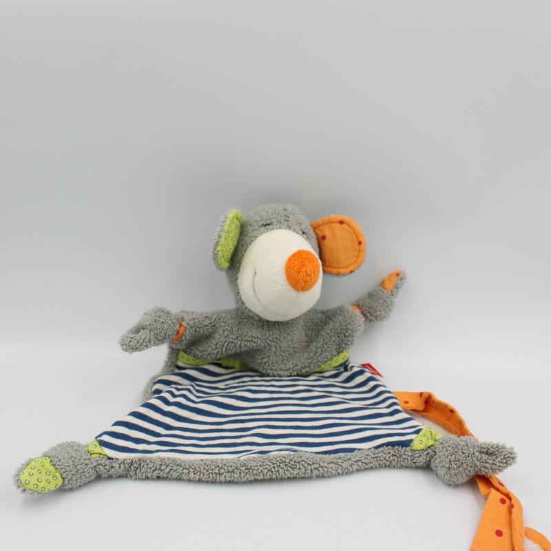 Doudou plat souris grise orange vert bleu rayé SIGIKID