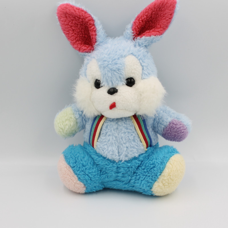 Ancienne peluche lapin bleu rose jaune NOUNOURS