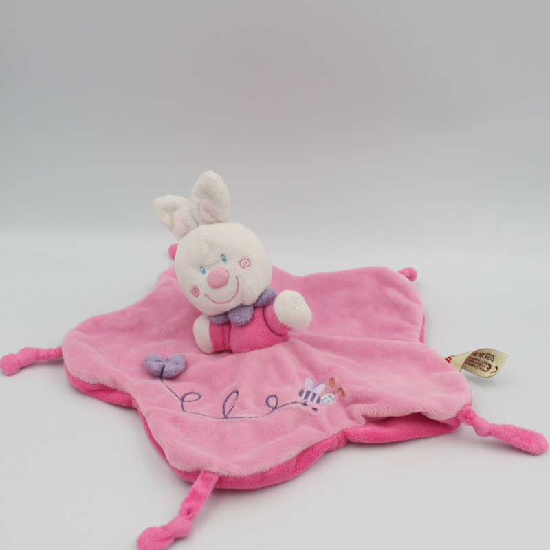 Doudou plat lapin rose blanc abeille NICOTOY