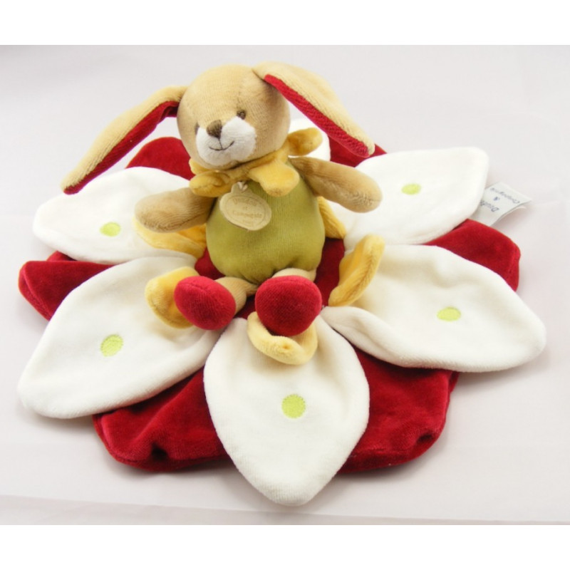 Doudou et compagnie plat lapin sur fleur blanche et rouge