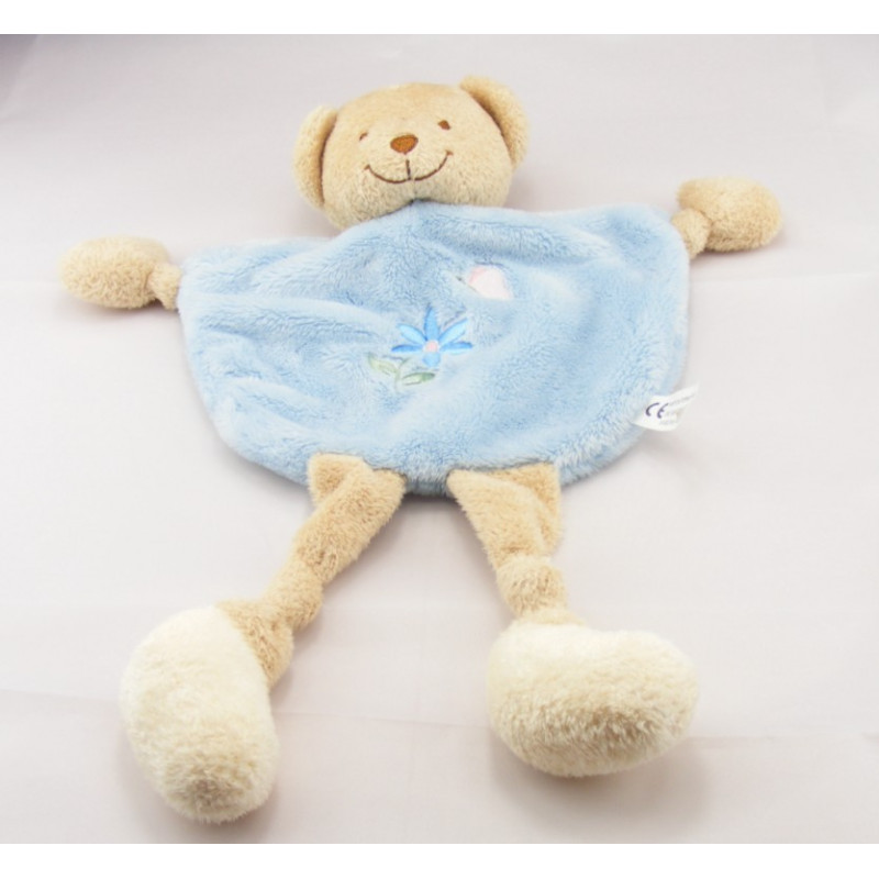 Doudou plat ours bleu fleur brodé TEX