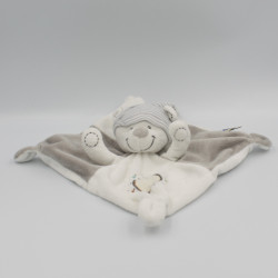 Doudou plat ours blanc gris bonnet rayé MOTS D'ENFANTS