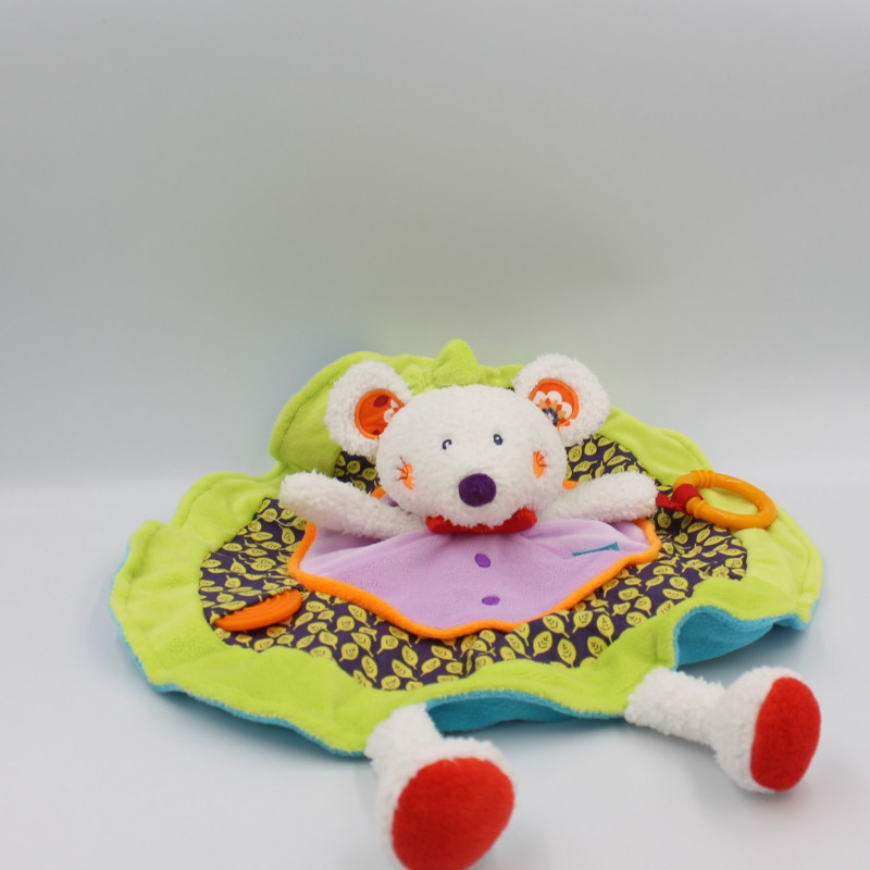 Doudou plat rond souris verte mauve orange feuilles BABYSUN