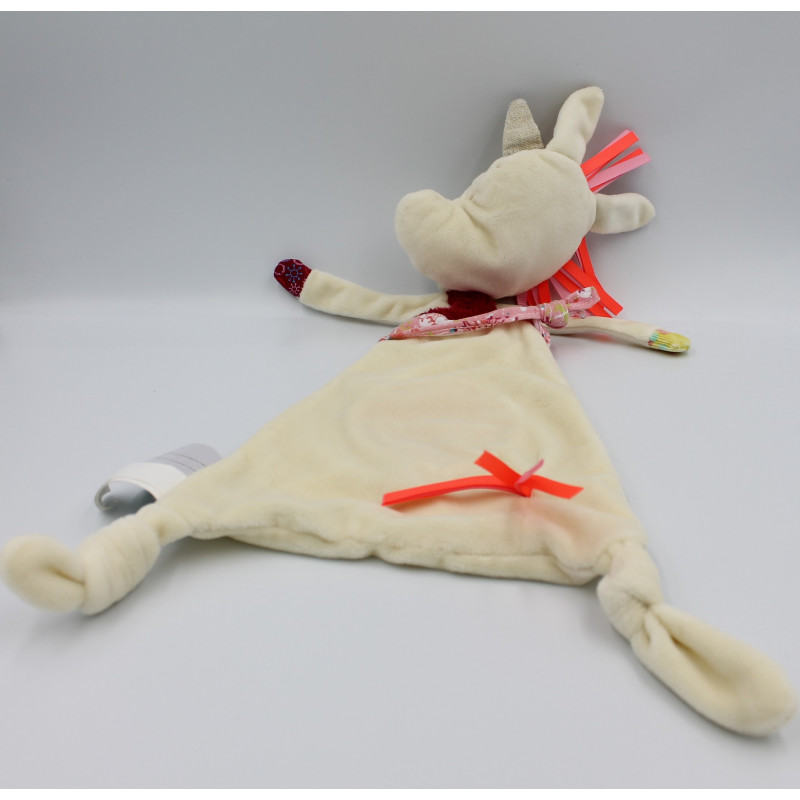 Doudou plat Licorne Louis rose blanc vert LILLIPUTIENS