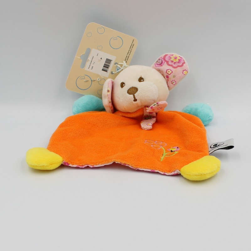 Doudou plat souris orange rose bleu jaune fleurs CP INTERNATIONAL Neuf