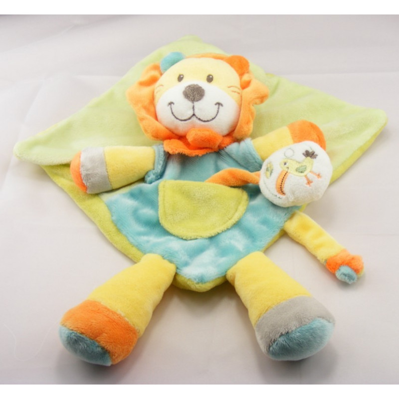 Doudou lion jaune tee shirt bleu oiseau NICOTOY
