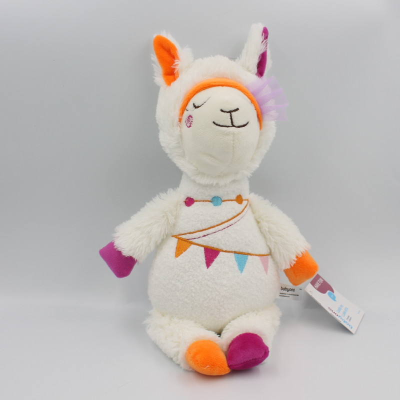 Doudou peluche lama blanc orange rose BABYONO