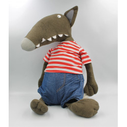 Grand Doudou loup marron gris tee shirt rouge short jean AUZOU 55 cm
