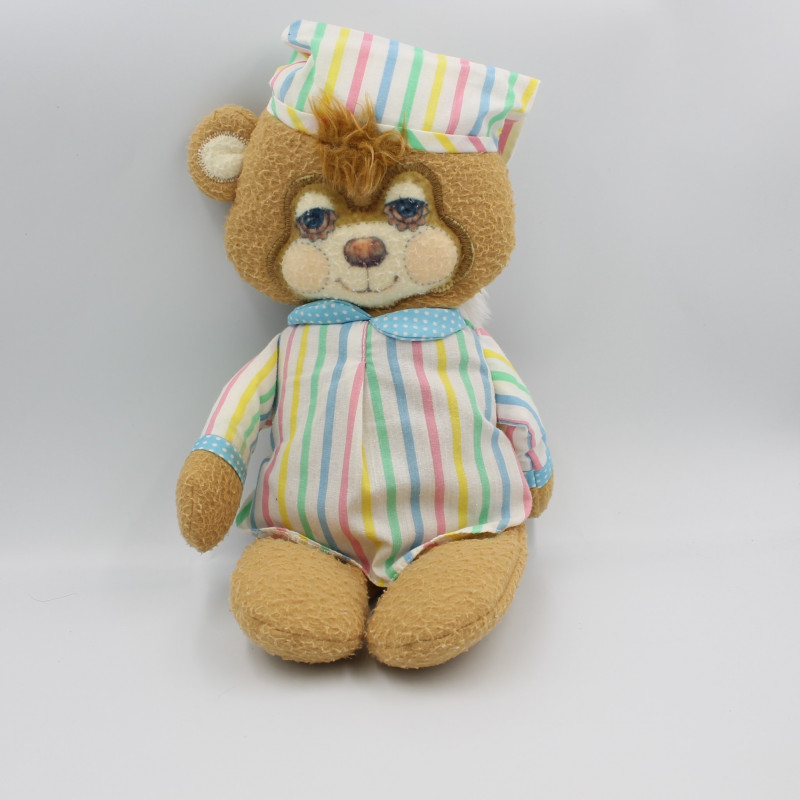 Ancienne peluche ours beige marron pyjama rayé FISHER PRICE Vintage 1986