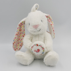 Doudou musical lapin blanc rose fleurs oiseau POMMETTE