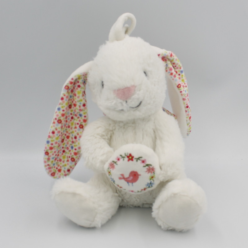 Doudou musical lapin blanc rose fleurs oiseau POMMETTE