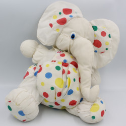Doudou puffalump éléphant blanc pois rouge vert jaune bleu AUCHAN