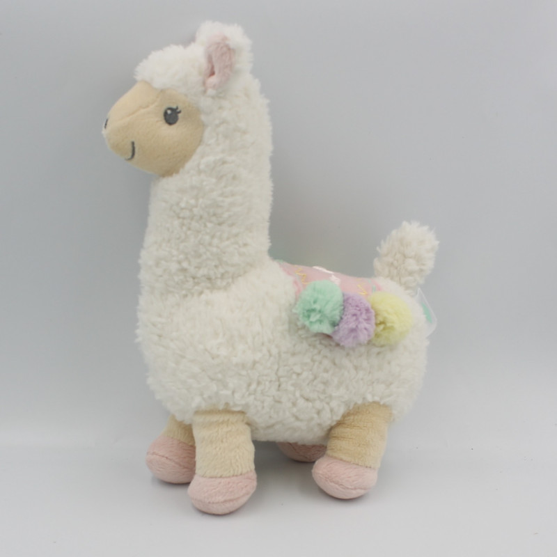 Doudou peluche lama blanc rose vert jaune mauve TEX