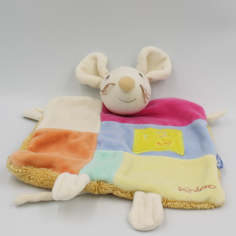 Doudou plat souris patchwork rose orange bleu jaune 123 KALOO