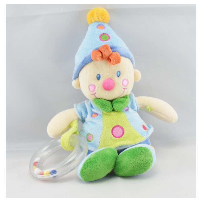 Doudou clown bleu avec hochet et miroir NICOTOY