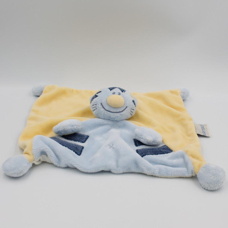 Doudou plat Pattou chat tigre bleu jaune NATTOU