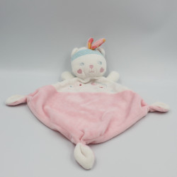 Doudou plat ours rose blanc plume indien MOTS D'ENFANTS