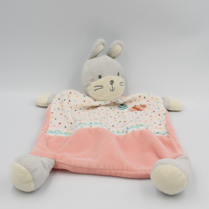 Doudou plat lapin rose blanc gris plume indien MOTS D'ENFANTS