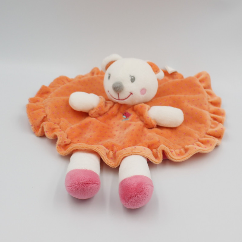 Doudou plat rond ours blanc orange rose pois NICOTOY