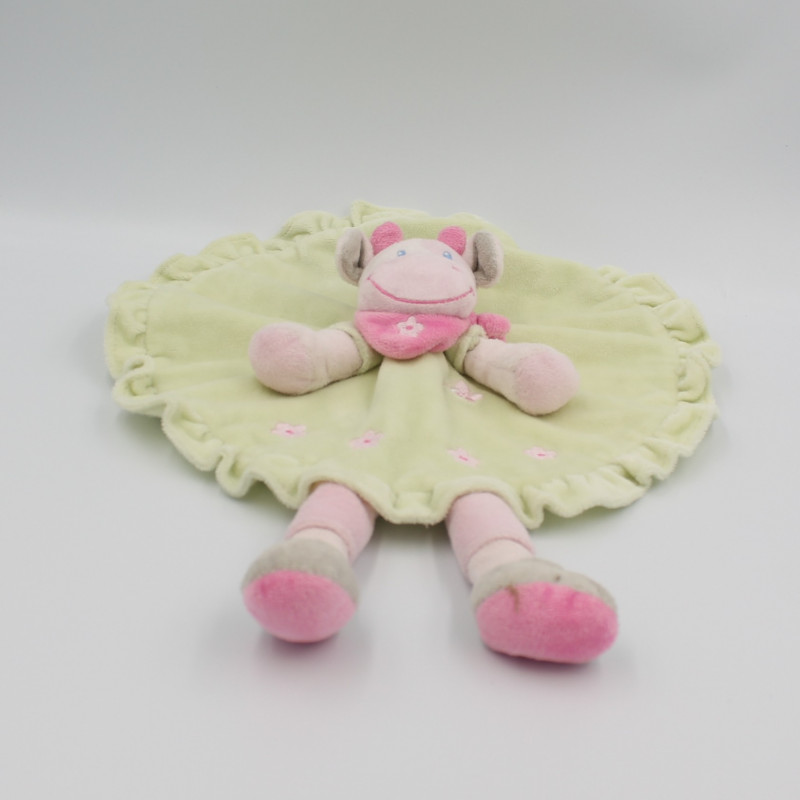 Doudou plat rond vache verte rose NICOTOY
